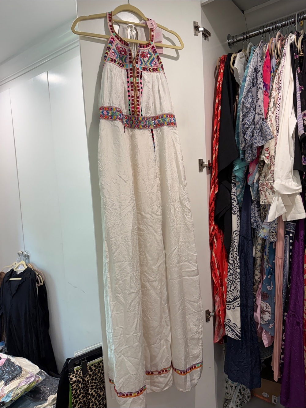 Calypso St Barth NWT Gloriosa White Maxi Dress with Colorful Embroidered Trim